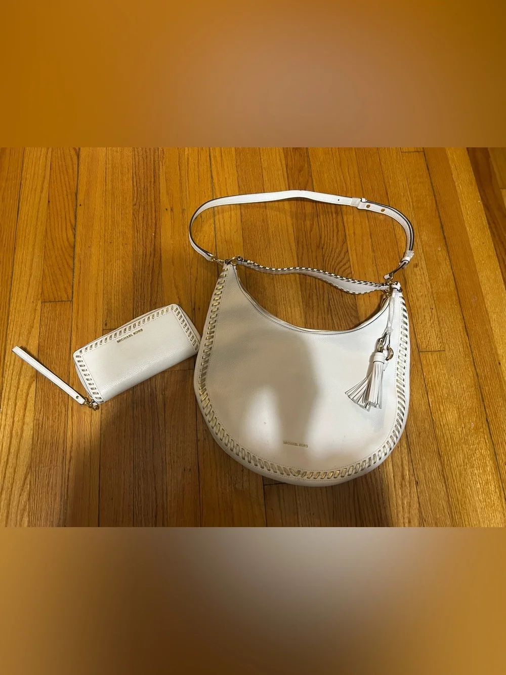 Michael Kors Lauryn Large Shoulder Bag Leather Optic White And Wallet